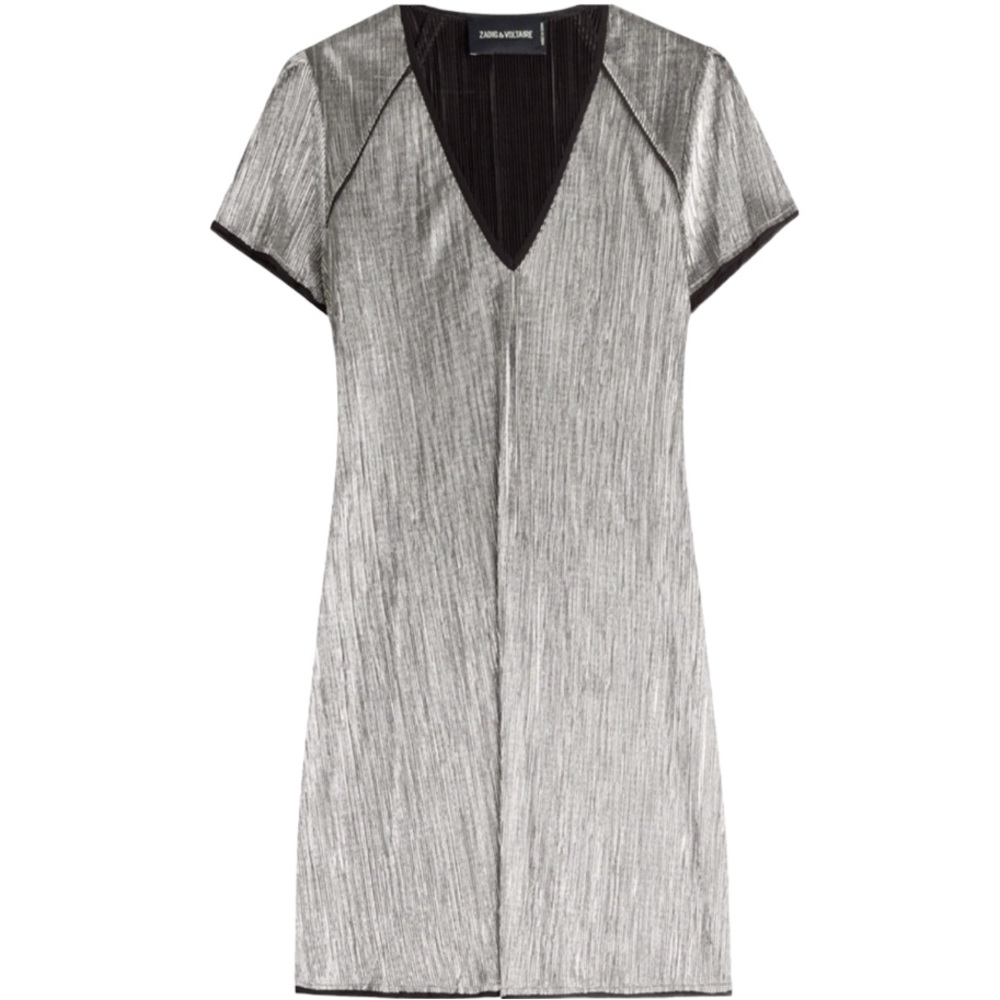 ZADIG & VOLTAIRE Lurex Russe Silver Metallic Short Sleeve V-Neck Mini Dress, S - Picture 8 of 9